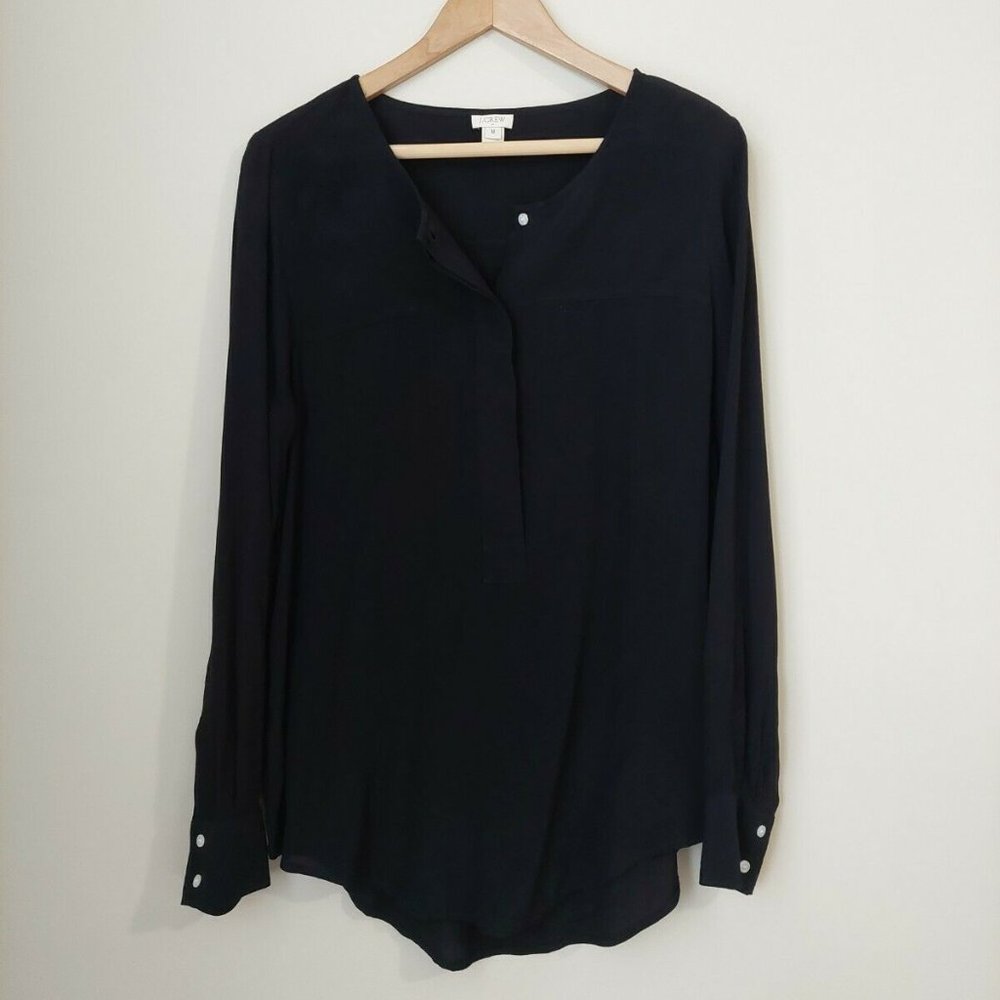 J Crew Popover Tunic- Black Viscose Long Sleeve Blouse Top